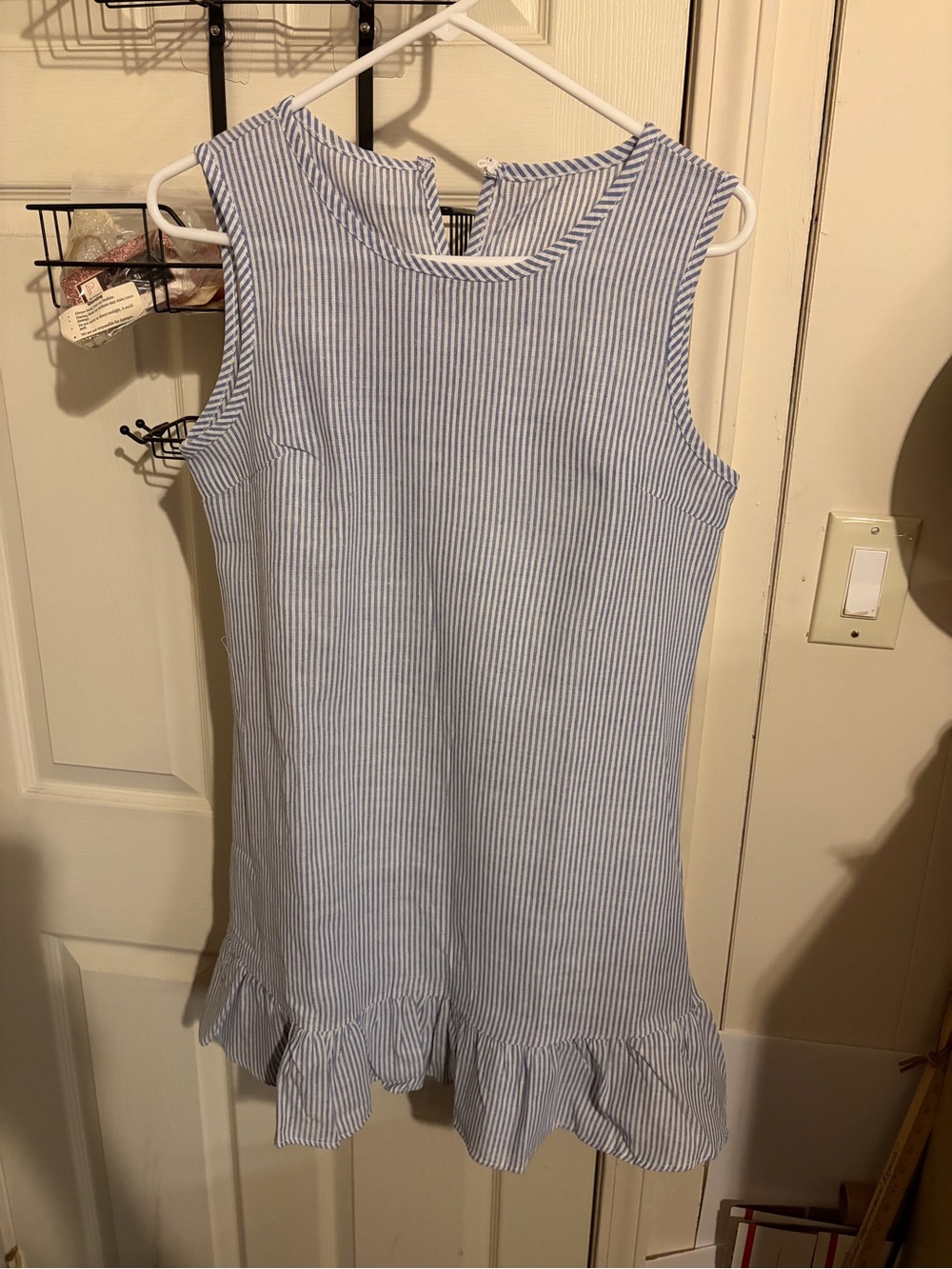 Sleeveless Blue & White Striped Ruffle-Hem Casual Dress